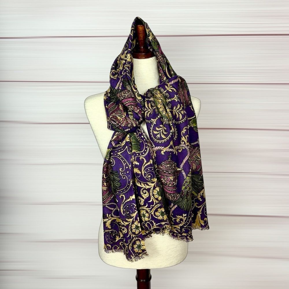 J.McLaughlin Large Wool Scarf Shawl Purple with Barique Style Ornamental Pattern